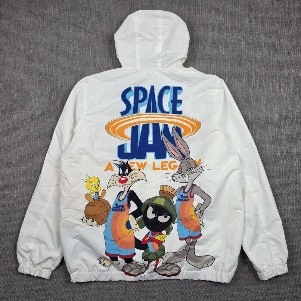 Space Jam Hooded Windbreaker Bugs Bunny Tweety Marvin Vintage Cartoon Mens Large